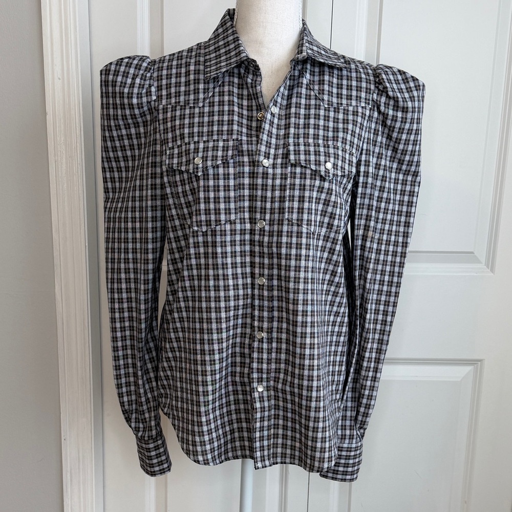 Greyson Women’s Blue Brown Plaid Pearl Snap Long Sleeve Shirt Puff Shoulders